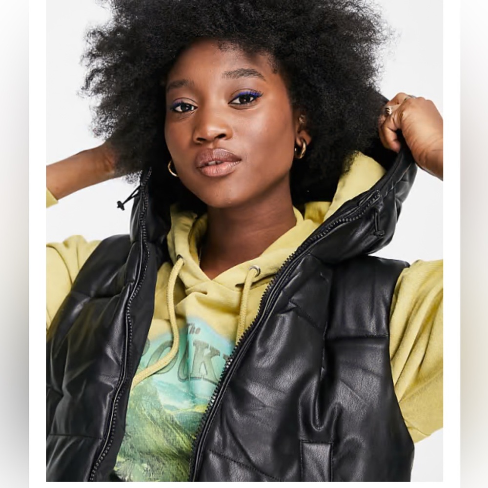 Stradivarius hooded faux leather vest in black